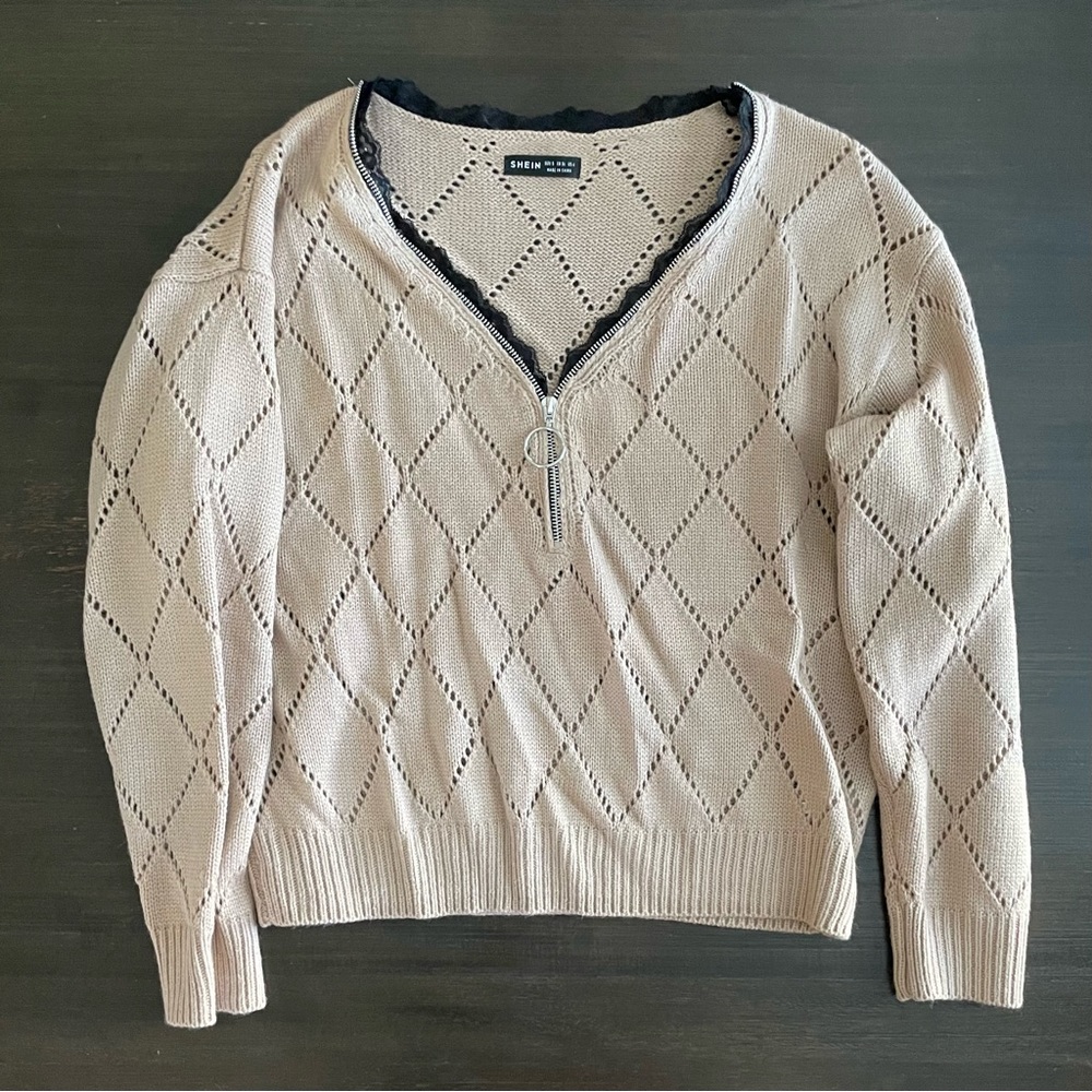 Shein Zipper Front Sweater Pullover with Lace Trim